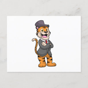 Tiger som brudgumme med kavaj och hatt vykort