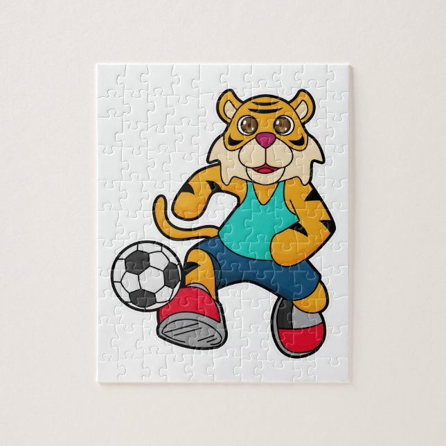 Tiger som fotbollsspelare med fotboll pussel (Vertikal)