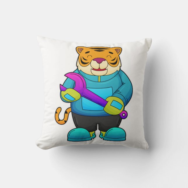 Tiger som Mechanic med Wrench Kudde (Framsida)