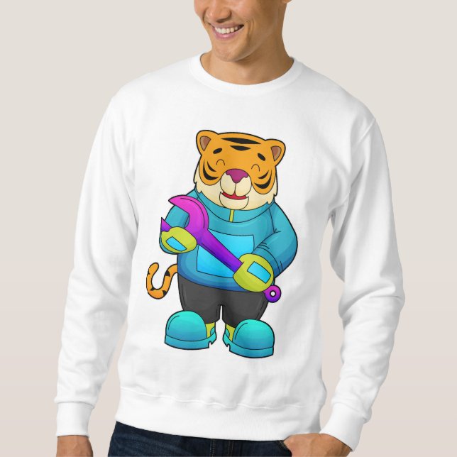 Tiger som Mechanic med Wrench Lång Ärmad Tröja (Framsida)