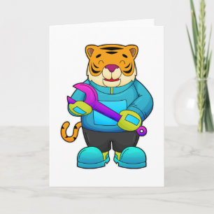 Tiger som mekaniker med skiftnyckel kort