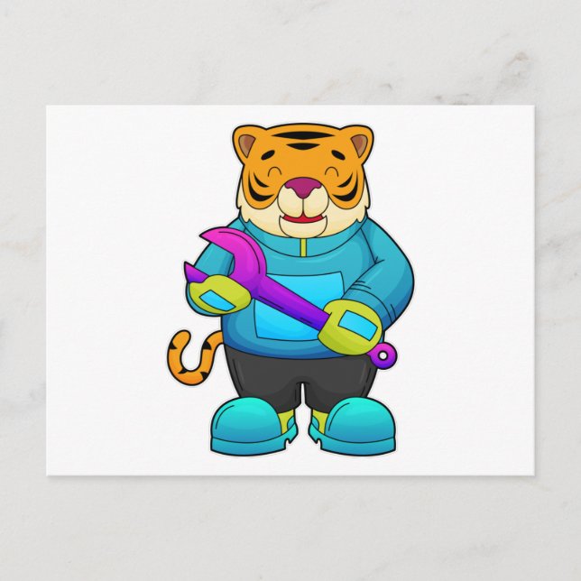 Tiger som mekaniker med skiftnyckel vykort (Framsida)