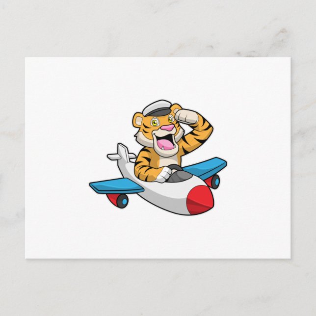 Tiger som pilot i plan vykort (Framsida)
