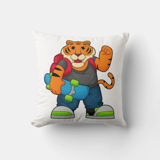 Tiger som Skater med Skateboard Kudde (Framsida)