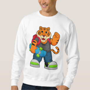 Tiger som Skater med Skateboard Lång Ärmad Tröja