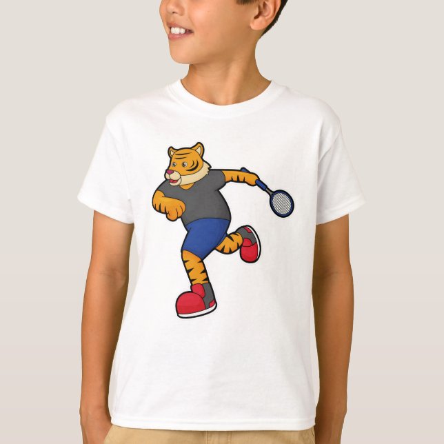 Tiger som tennis-spelare med tennis racket t shirt (Framsida)