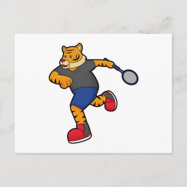 Tiger som tennisspelare med tennisracket vykort (Framsida)