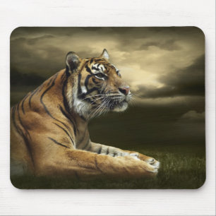 Tiger som tittar, och sitta under dramatisk himmel musmatta