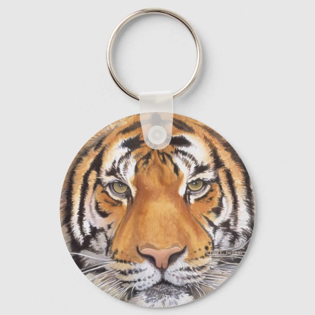 "Tiger Spot" på vit, vattenfärgsgrafik Nyckelring (Framsida)