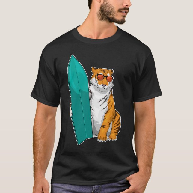 Tiger Surfer Surfboard T Shirt (Framsida)