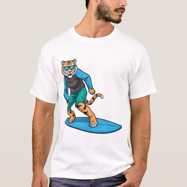 Tiger Surfing Surfboard, sommar T Shirt (Framsida)
