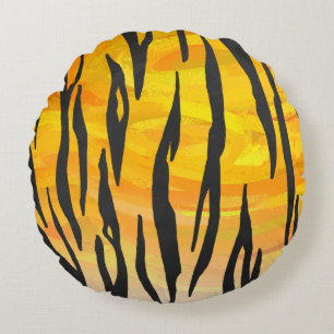 Tiger Svart och Orange Tryck Rund Kudde