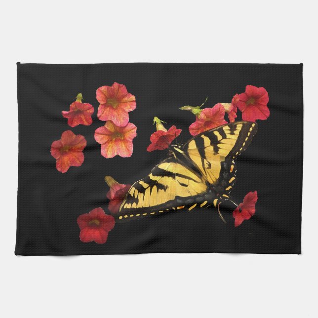 Tiger Swallowtail Butterfly på Red Flowers Kökshandduk (Horisontell)