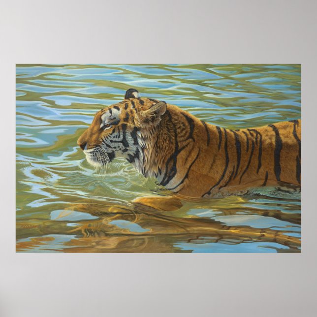 Tiger Swimming Big Cat Acrylic Painting Poster (Framsidan)