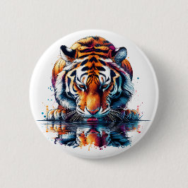 Tiger tittar på reflektion i vatten knapp
