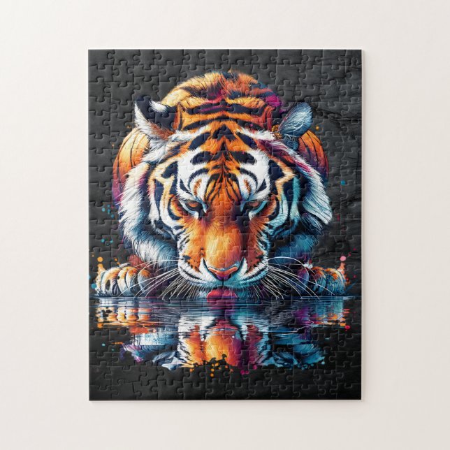 Tiger tittar på reflektion i vatten pussel (Vertikal)