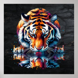 Tiger tittar vid reflektion i Vatten Poster
