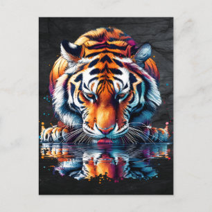 Tiger tittar vid reflektion i Vatten Vykort