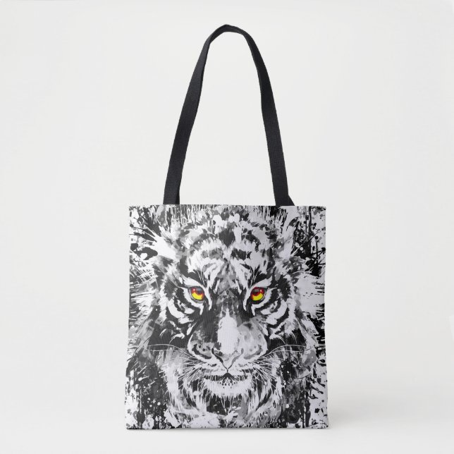 Tiger Tote Bag | Tiger Teckning | Svartvit Tygkasse (Framsida)