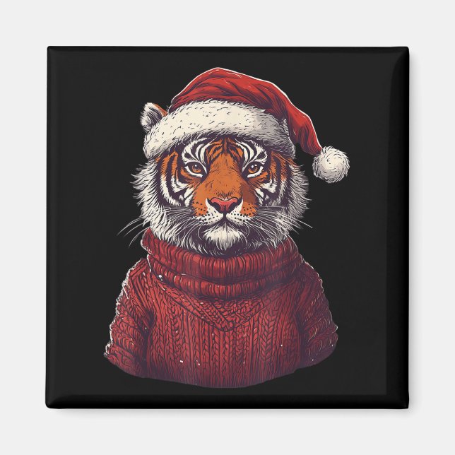 Tiger Ugly Sweater Santa Hat jul Magnet (Framsidan)