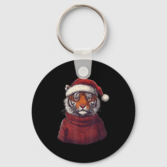 Tiger Ugly Sweater Santa Hat jul Nyckelring (Framsida)