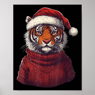 Tiger Ugly Sweater Santa Hat jul Poster