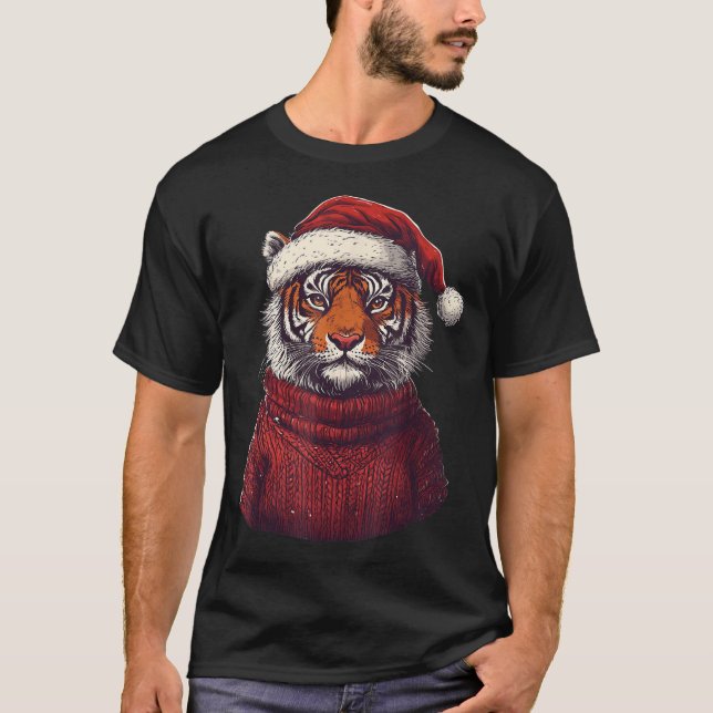 Tiger Ugly Sweater Santa Hat jul T Shirt (Framsida)