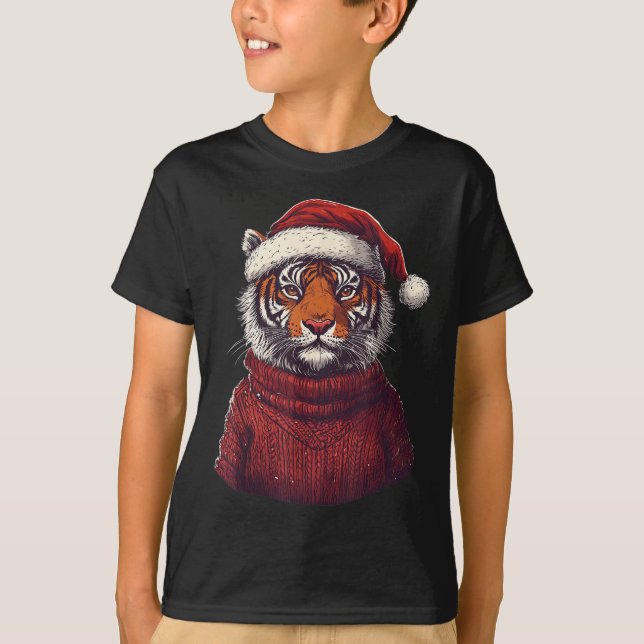 Tiger Ugly Sweater Santa Hat jul T Shirt (Framsida)