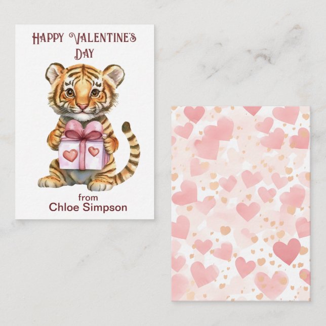 Tiger Unge Barn Valentine Classroom Party Anteckningskort (Fram/baksida)