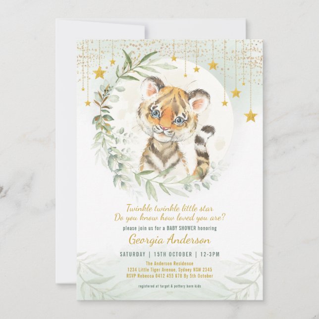 Tiger Unge Greenery Måne Twinkle Stars Baby Shower Inbjudningar (Framsida)