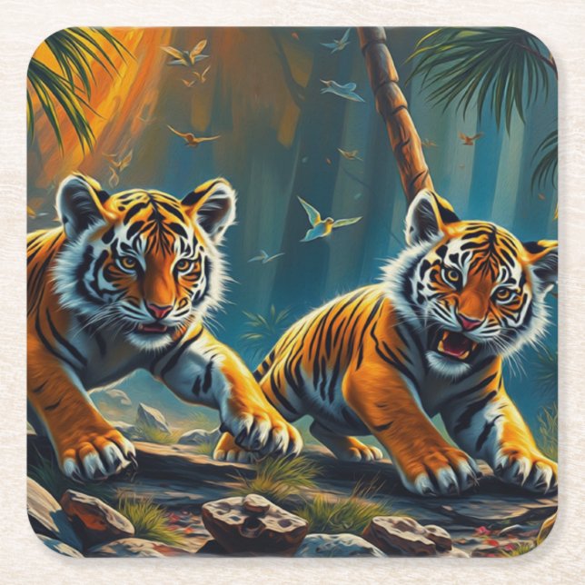 Tiger Unge i Magic Jungle Underlägg Papper Kvadrat (Framsidan)