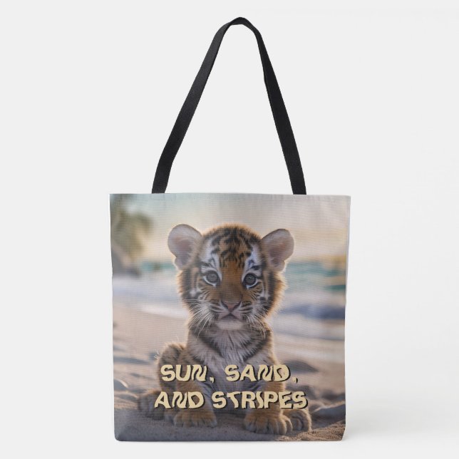 Tiger Unge "SOL, SAND, OCH RAND" Beach Tote Tygkasse (Framsida)