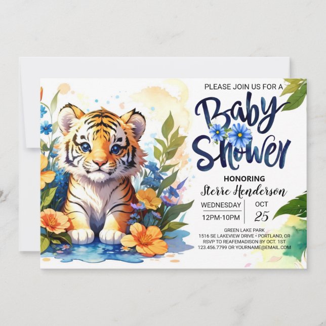 Tiger Unge WildblomBaby Shower Inbjudningar (Framsida)