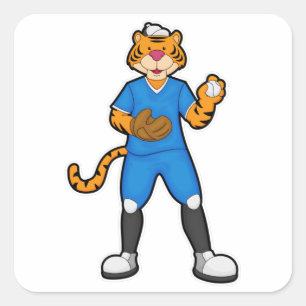 Tiger vid Baseball med baskiska handskar och kap Fyrkantigt Klistermärke