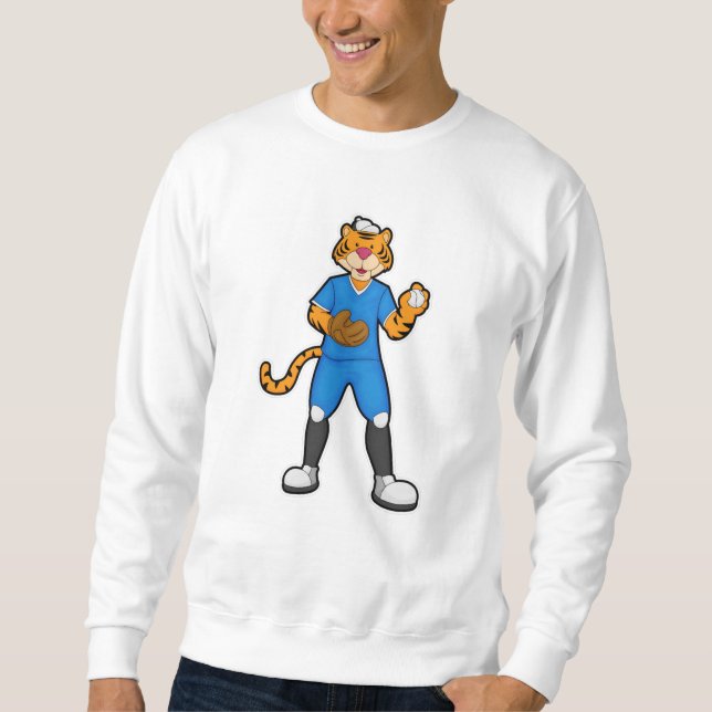 Tiger vid Baseball med baskiska handskar och kap Lång Ärmad Tröja (Framsida)