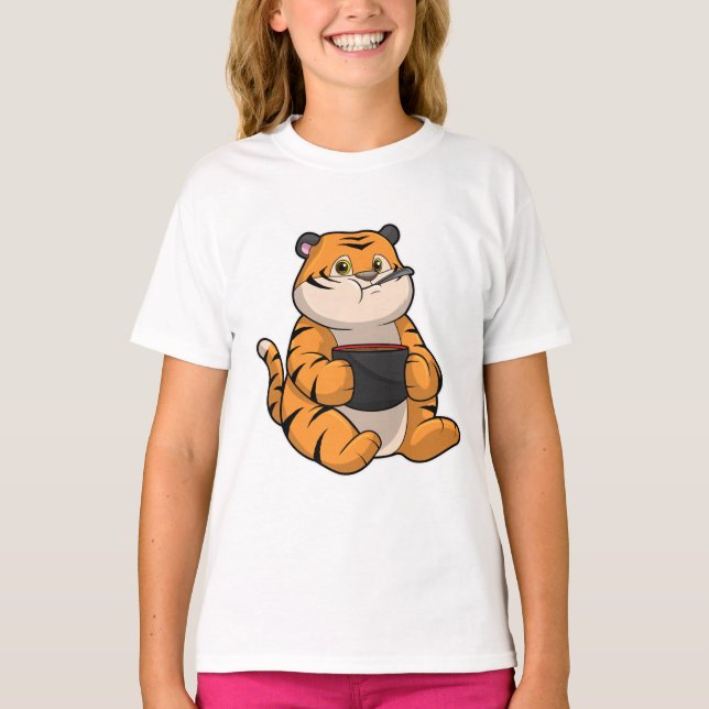 Tiger vid Eating with Bowl T Shirt (Framsida)