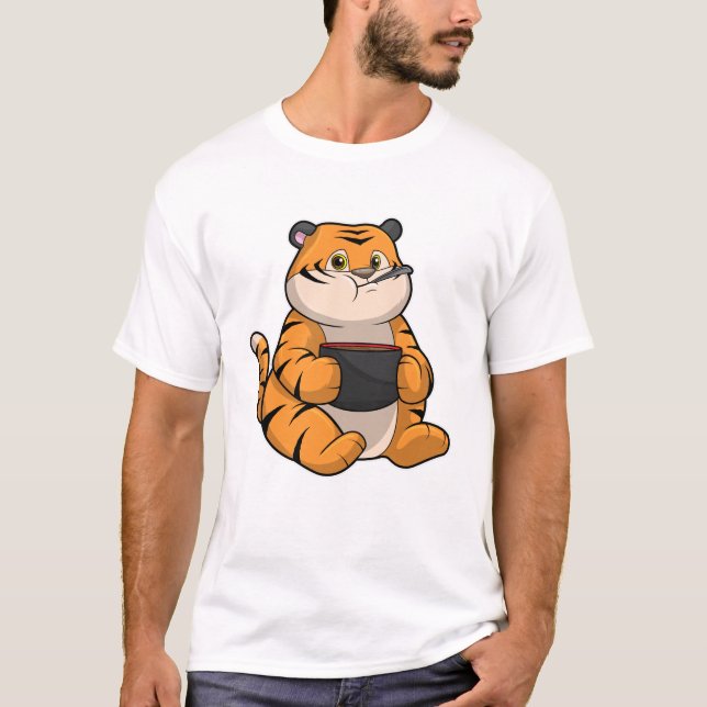 Tiger vid Eating with Bowl T Shirt (Framsida)