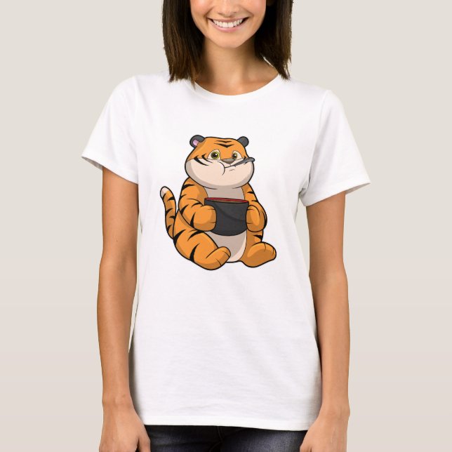 Tiger vid Eating with Bowl T Shirt (Framsida)