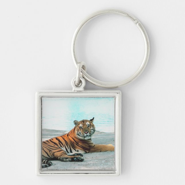 Tiger vid floden fyrkantig silverfärgad nyckelring (Framsidan)