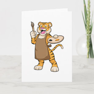 Tiger vid målning med färg och pensel kort