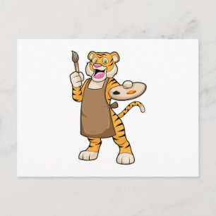 Tiger vid målning med färg och pensel vykort