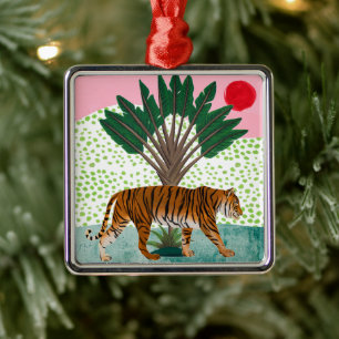 Tiger vid solnedgång julgransprydnad metall