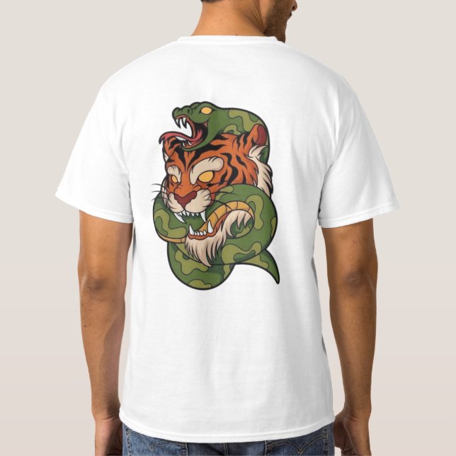 Tiger vs. Snake Vild Animal Battle Artwork T Shirt (Baksida)