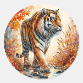 Tiger Walting in Autumn Art Runt Klistermärke