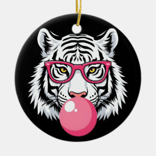 Tiger Wearing Glass and Blowing Rosa Bubble Gum Julgransprydnad Keramik