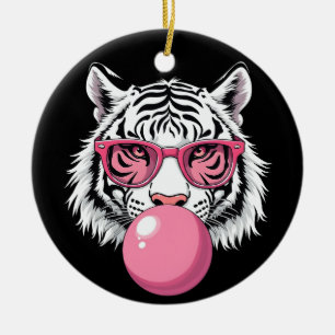 Tiger Wearing Glass and Blowing Rosa Bubble Gum Julgransprydnad Keramik