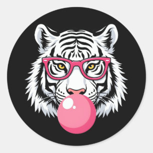 Tiger Wearing Glass and Blowing Rosa Bubble Gum Runt Klistermärke