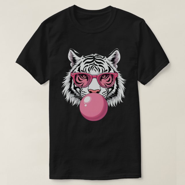 Tiger Wearing Glass and Blowing Rosa Bubble Gum T Shirt (Design framsida)