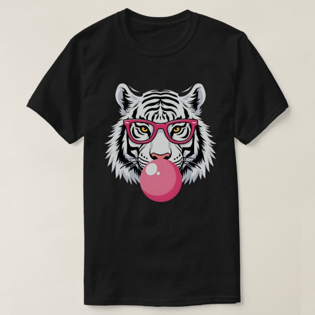 Tiger Wearing Glass and Blowing Rosa Bubble Gum T Shirt (Design framsida)