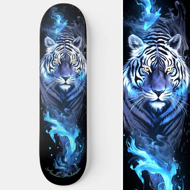 Tiger White & Blue Glowing Coola Stil Mini Skateboard Bräda 18,5 Cm (Tiger White & Blue Glowing Cool Style Skateboard)